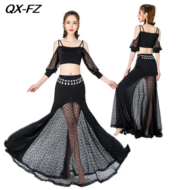 

Женский костюм для танца живота, сексуальный топ и длинная юбка, одежда для индийских танцев, элегантный женский костюм для восточных танцев