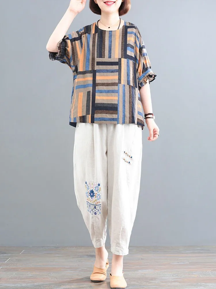 

2 Piece Sets Women Summer Casual Pants Suits New 2022 Vintage Style Loose Cotton Linen Female Striped Tops And Harem Pants D272