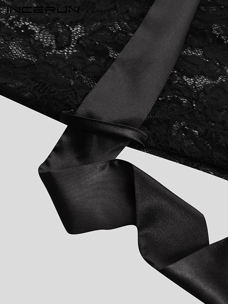 INCERUN 2023 New Men Mesh Robes Lace See-through Short Sleeve Sexy Leisure Bathrobes Belt Leisure Male Nightgown Homewear S-5XL