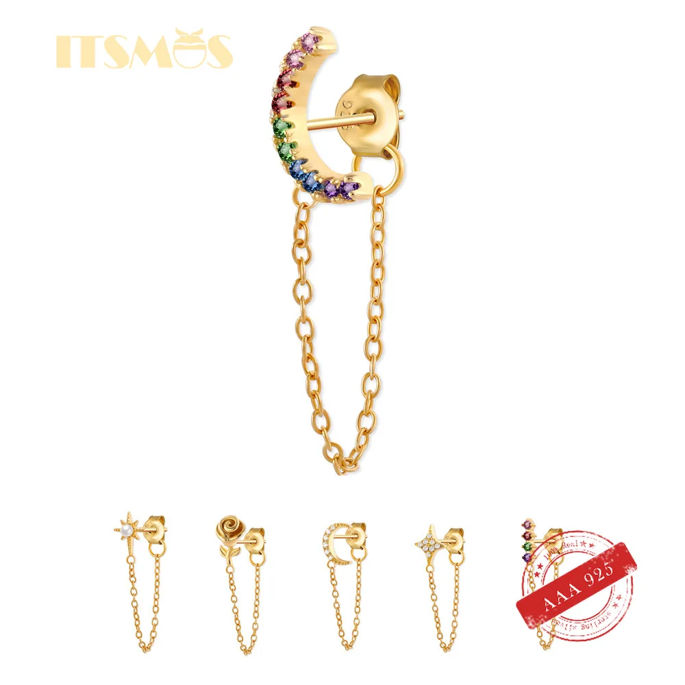 

ITSMOS S925 Sterling Silver Tassel Piercing Earring 18K Gold Plated Double Studs Chain Colorful Zircons 1pcs Jewelry for Women