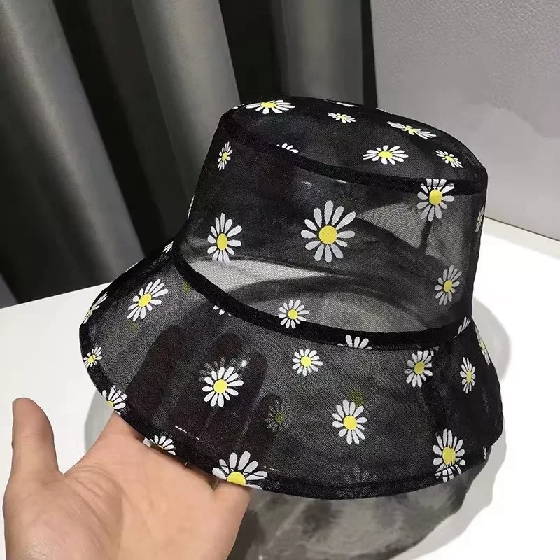 

Embroidered Bucket Hat Women Transparent Lace Flower Beach Panama Hats High Top Snapback Fashion Daisy Sun Cap Summer