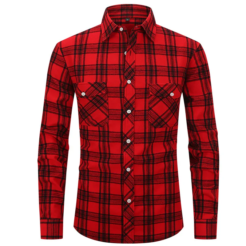 Men Casual Plaid Flannel Shirt Spring Autumn Long-Sleeved Chest Two Pocket Design Fashion Printed-Turn-down Collar Button Shirt