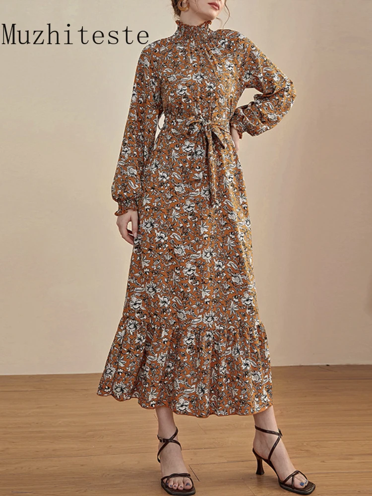 

2022 Spring and Summer Elegant Fashion Slim High Collar Waist Slim Long Sleeve Floral Belt Temperament Dresses Women Office Lady