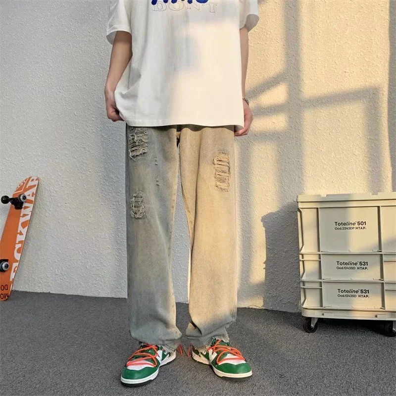 Summer Ripped Blue Jeans Men Fashion Casual Straight Baggy Jeans Men Streetwear Loose Hip Hop Hole Denim Pants Mens Trousers