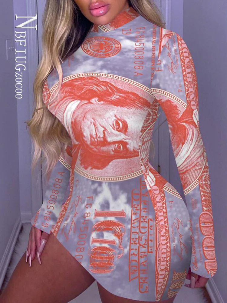 

Autumn Dollars Pattern Women's Mini Dress Tight Sexy Party Dresses