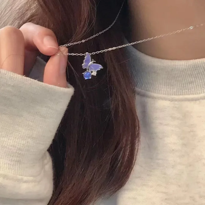 

Rhinestone Bubble Purple Butterfly Necklace for Women Trendy Silver Color Pendant Necklaces Korean Fashion Girls Summer Jewelry