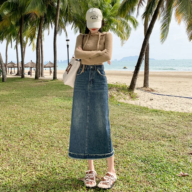 

2022 New Arrival Split Burr Hem Denim Skirt Women Vintage Oblique Pocket Blue A Line Skirt Casual High Wasit Mid Calf Dress