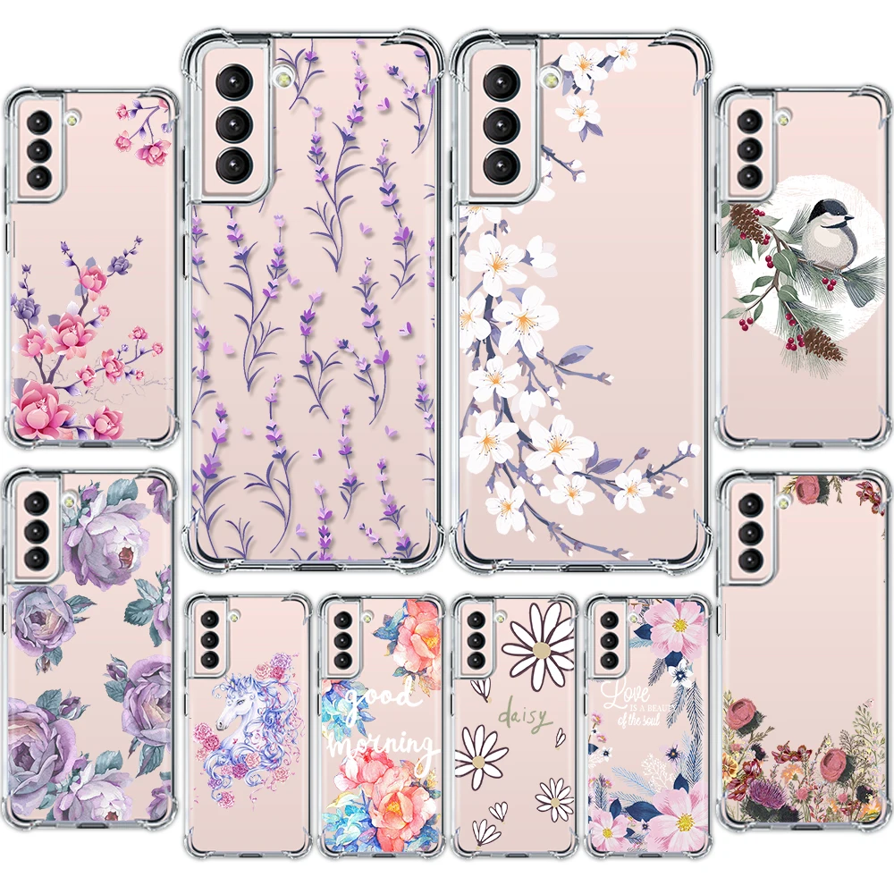 

Stylish cartoon luxury purple flower phone case For Samsung Galaxy S 10 20 30 21 22 PLUS ULTRA FE TPU transparent soft shell