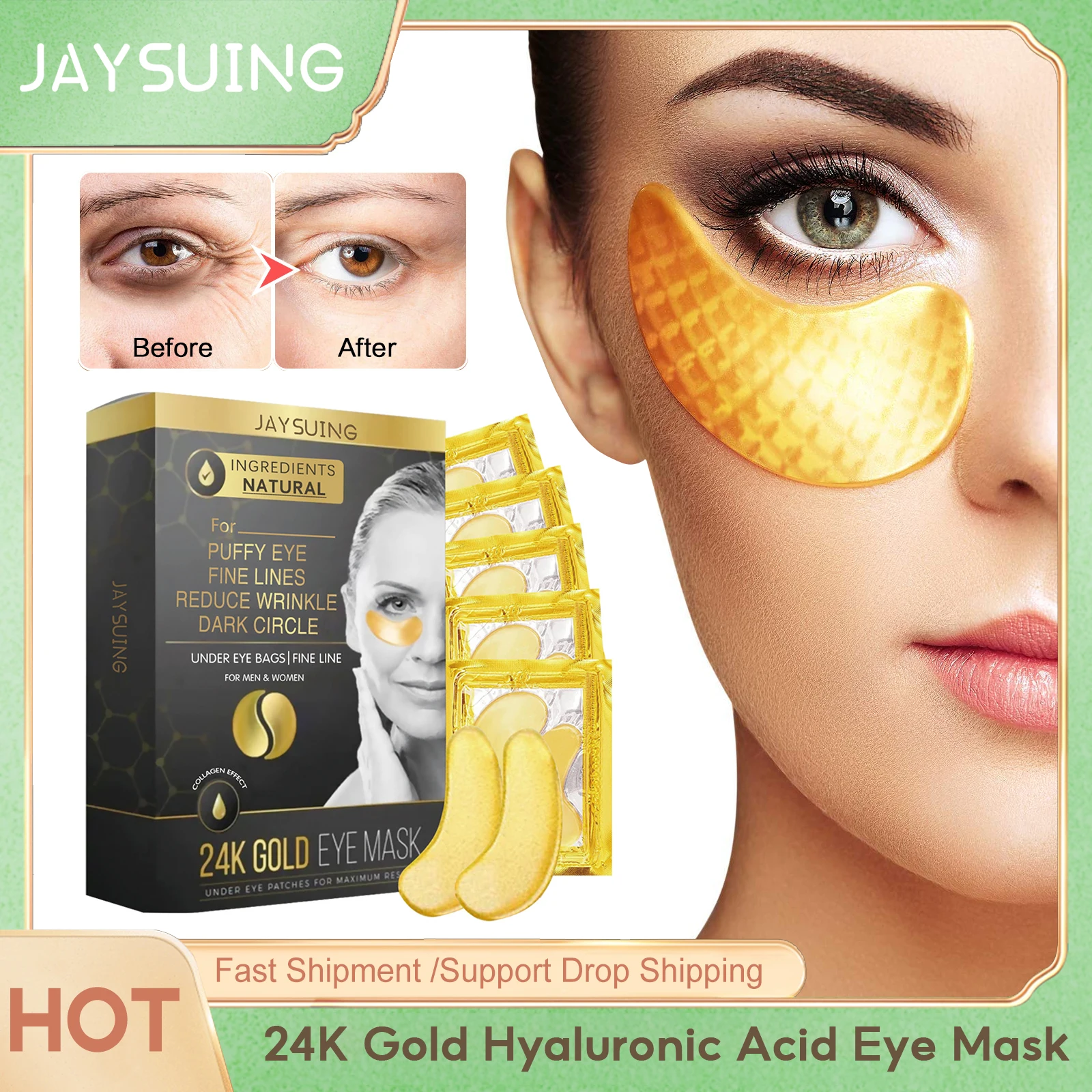 

24K Gold Hyaluronic Acid Eye Mask Fade Dark Circles Improve Puffiness Firming Anti Aging Brighten Moisturizer Collagen Eye Patch