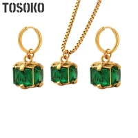 tosoko stainless steel jewelry 18k gold plated emerald zircon gift box pendant necklace womens earrings set bsp465 bsf517