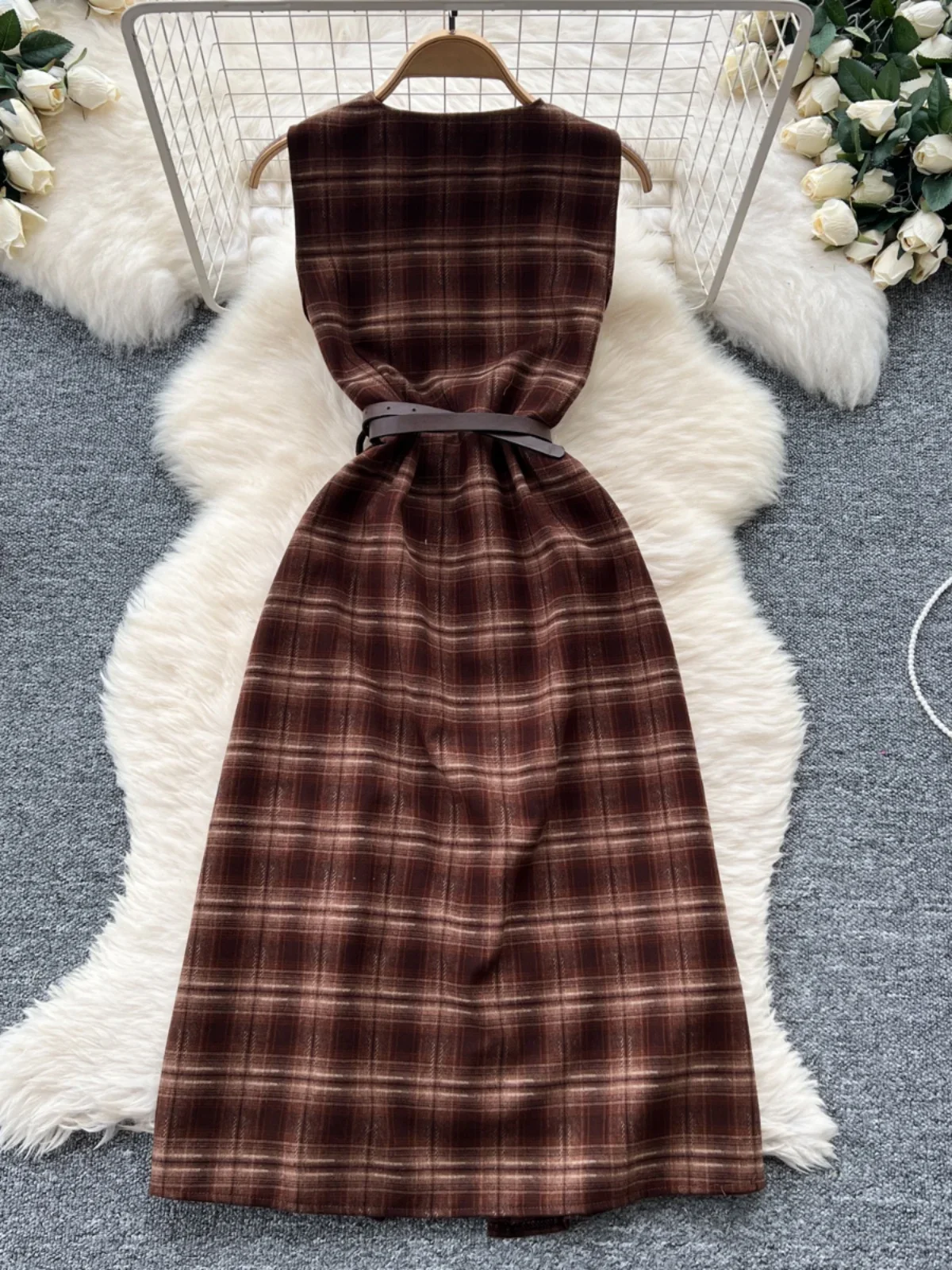 Шерстяное платье во французском стиле ретро женское однобортное клетчатое без