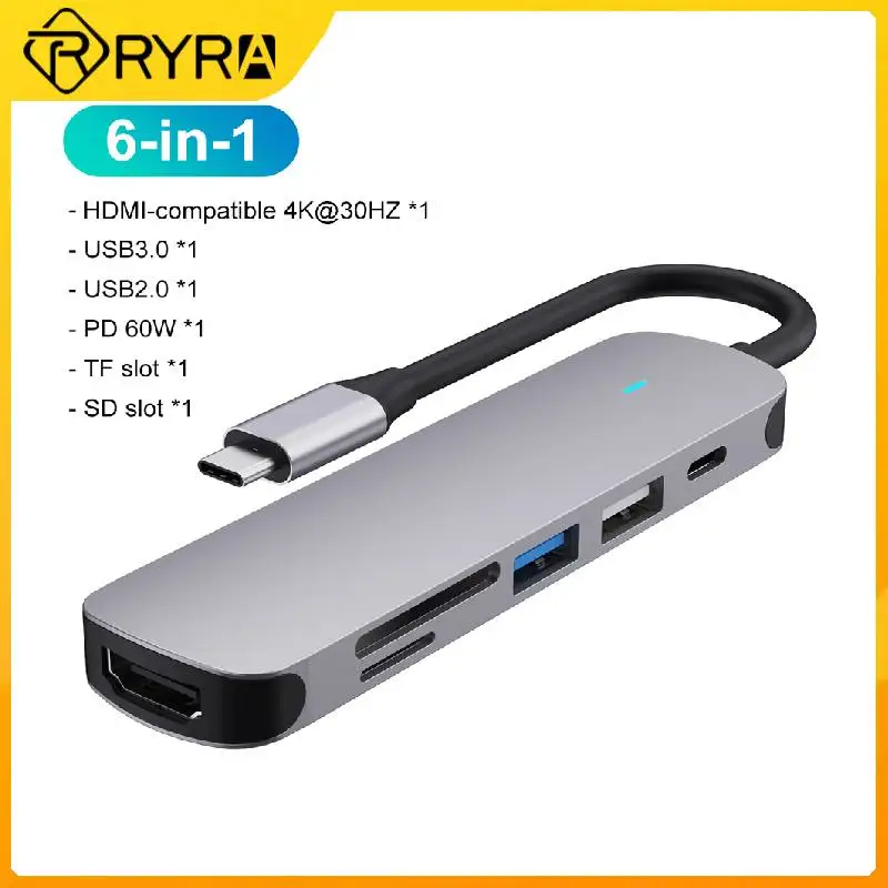 

USB-концентратор RYRA 6 в 1, 4K Type-C для адаптера, универсальный PD 60 Вт, USB 3,0 концентратор для MacBook Air Switch, разветвитель Thunderbolt