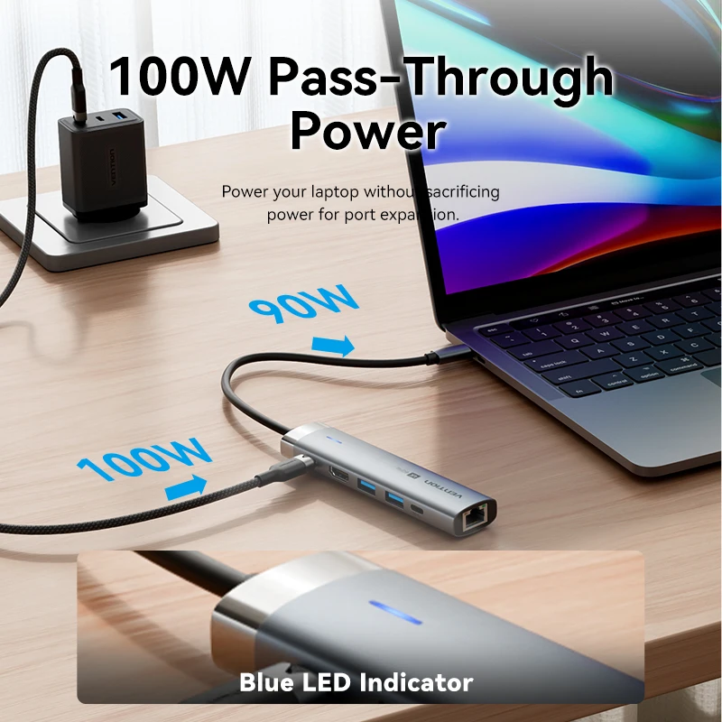 Адаптер Vention USB C HUB 4K60Hz Type к HDMI RJ45 PD 100 Вт для Macbook iPad Pro Air M2 M1 Sumsang Аксессуары ПК 3.0