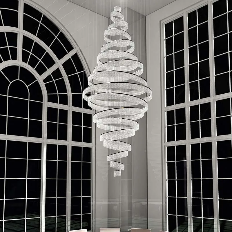 

Modern Ring Luxury Staircase Crystal LED Chandelier For Living Room Lobby Large Cristal Hanging Lighting Chrome Long Indoor Lamp