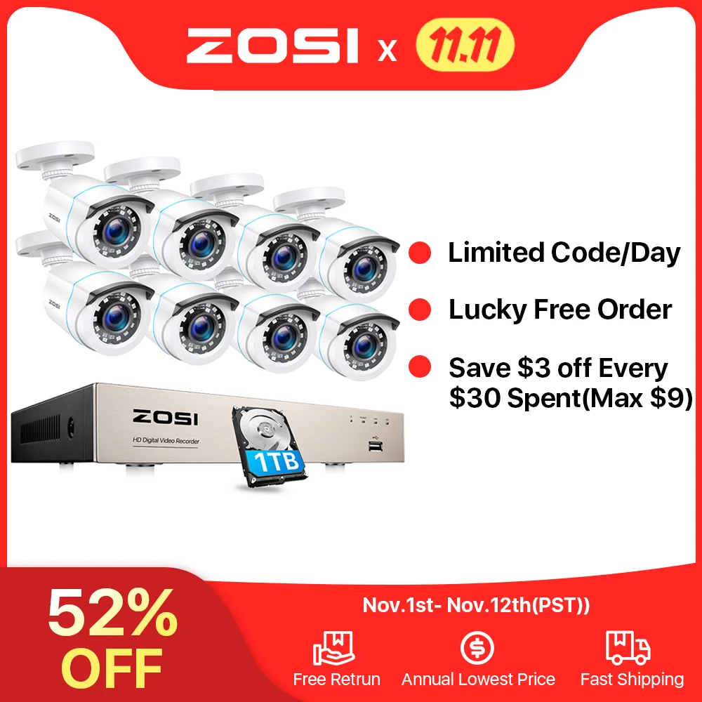 Продажа Система камер домашней безопасности ZOSI 8CH 1080p H.265 + DVR 8 шт. 1080P/2.0MP Наружные камеры видеонаблюдения DVR комплект Продажа Система камер домашней безопасности ZOSI 8CH 1080p H.265 + DVR 8 шт. 1080P/2.0MP Наружные камеры видеонаблюдения DVR комплект