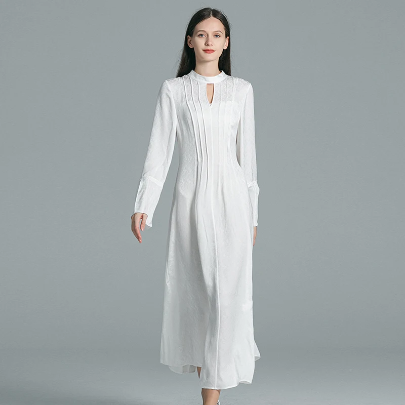 

Ivory White Jacquard Silk Pointed Corner Hollow Stand Collar Dresses Women Speaker Long Sleeve Artistic Silk Dress AE1789