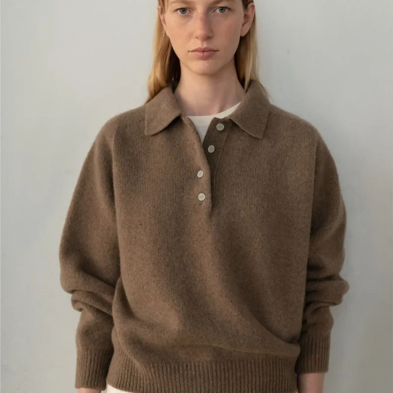British Wool Polo Sweater Women's Autumn Winter Knitted Woman Shirt Slim Classic Retro Minimalist Pullover Basic Lapel Button