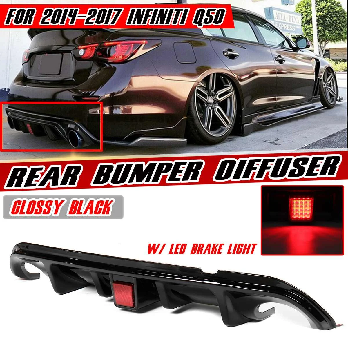 

Q50 Carbon Fiber Look/Black Car Rear Bumper Lip Diffuser Spoiler Guard Apron With LED Brake Light For Infiniti Q50 2014-2017