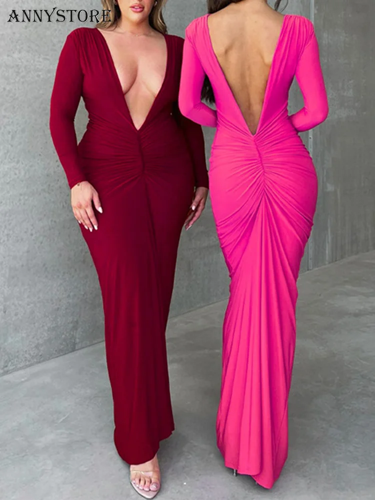 

O-Neck Backless Hip Ruched Bodycon Dresses Long Sleeve Wrap Buttock Dress for Women 2023 Spring Summer Club Birthday Party Dress