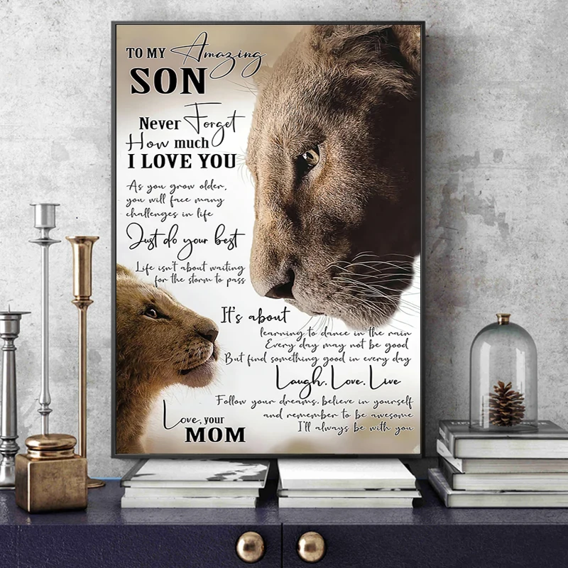 

To My Son Poster Lion Mom And Son Inspiration Quotes Art Painting on Canvas Prints Wall Decor Pictures Modern Home Decoration