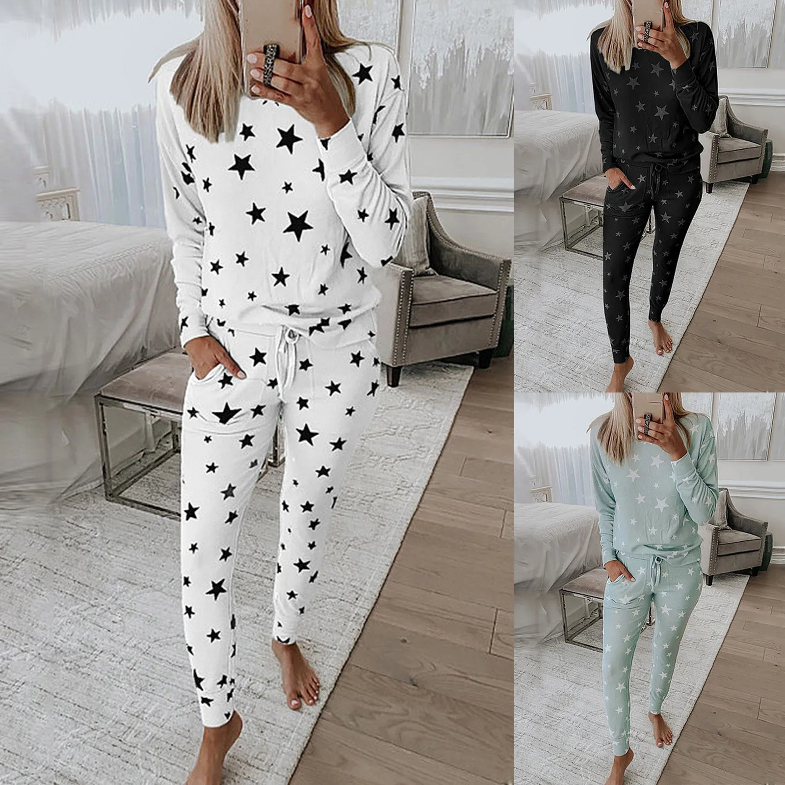

Костюм женский свободный из двух предметов, брюки с длинным рукавом и пятиконечным принтом звезд, повседневная домашняя одежда