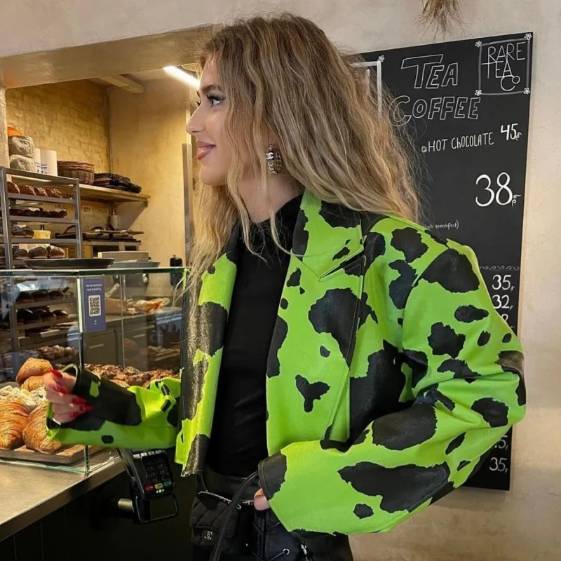 Женский укороченный блейзер из искусственной кожи с принтом коровы Свободное