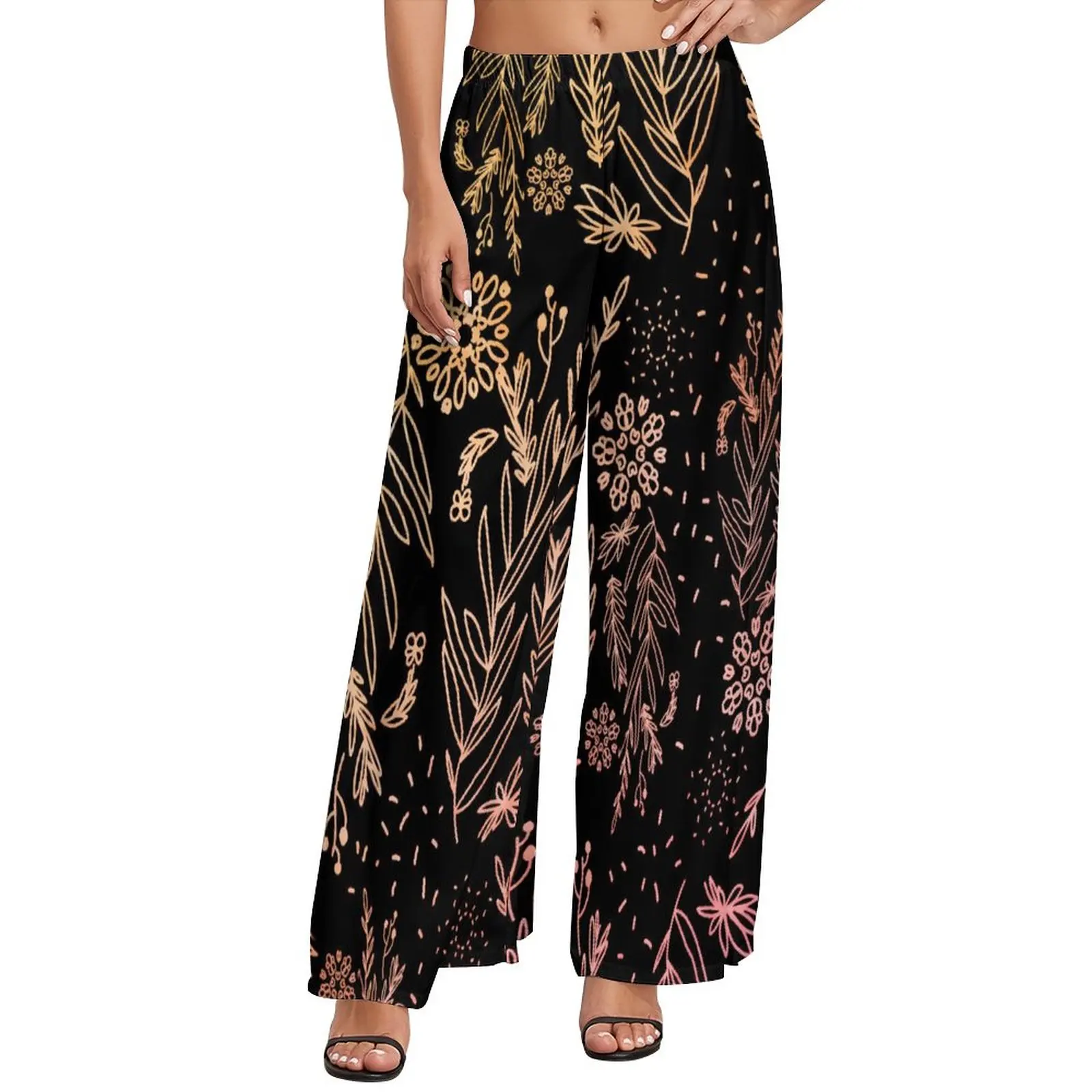 

Брюки женские с завышенной талией, милые уличные штаны с широкими штанинами, с цветами, золотистые, розовые, домашний подарок на день рождения