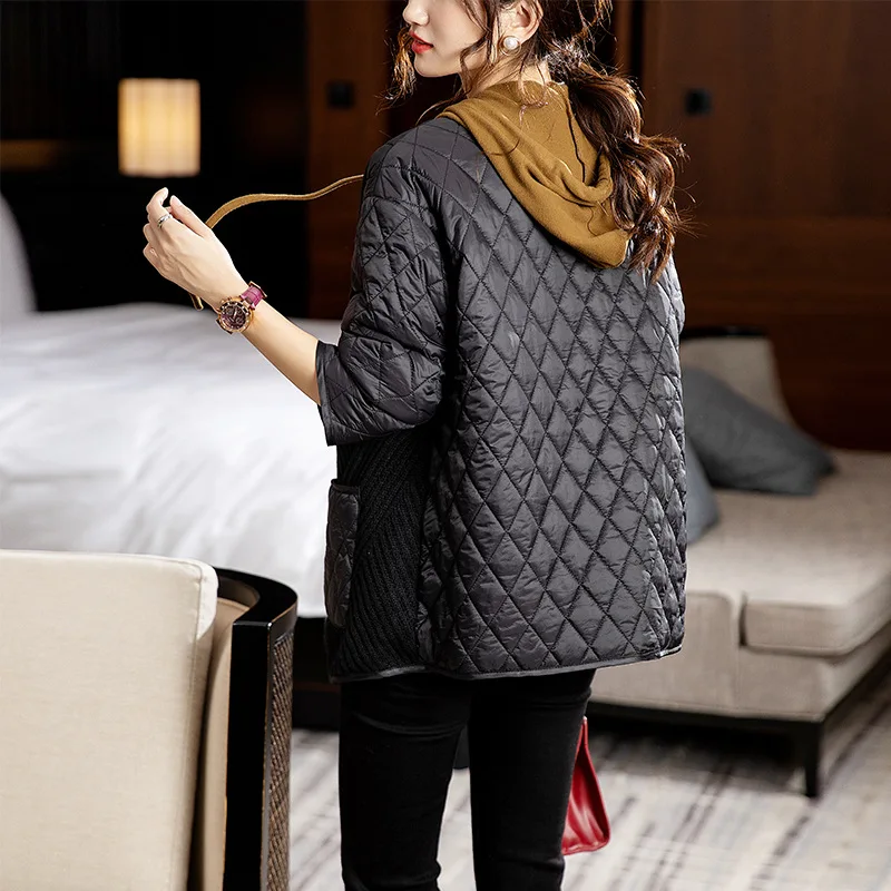 Rhombus Cotton Coats Women's Clothing New Autumn Winter 2023 Knitted Stitching Loose Casual Large Size Cotton Jackets AC126