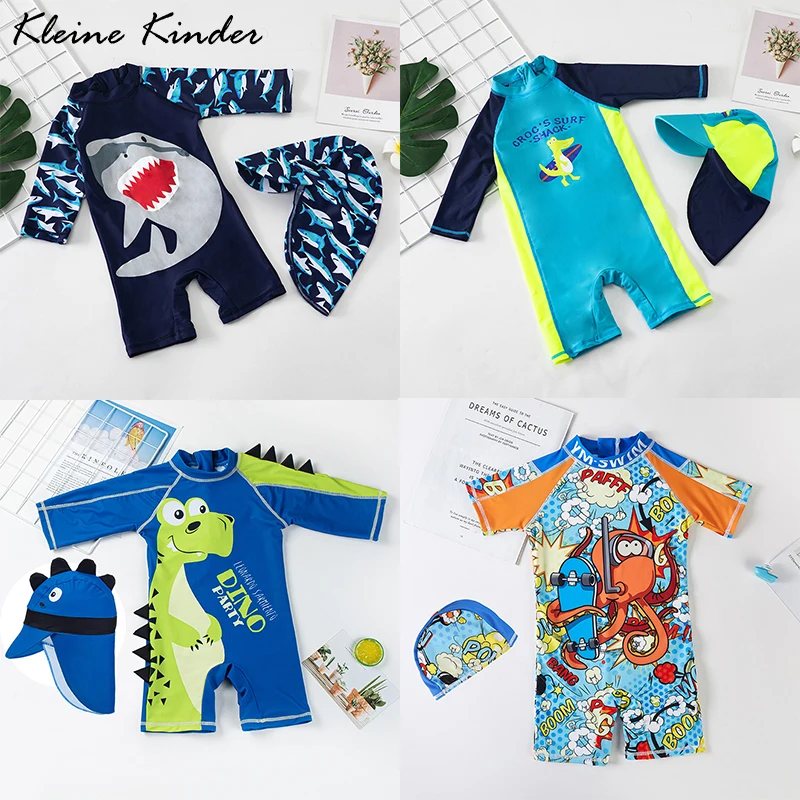 Baby Swimsuit One-Piece Bathing Suit Boy with Sun Cap UPF50 UV Protection Long Sleeve Dinosaur Children's Swimwear for Toddlers