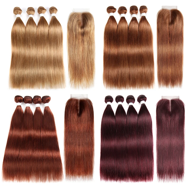 Straight Human Hair Bundles With Closure Honey Blonde Colored Human Hair Weave Bundles With Closure 100% Brazilian Remy Hair