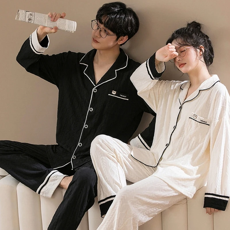 QUHENG Couple Sleepwear Cotton Winte New Pajamas Set for Woman 2022 Autumn Long Sleeved Trousers Casual Mens Home Clothing