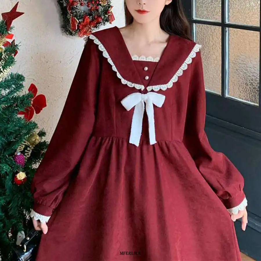 Size 6XL 150KG Winter Dress For Women Long Sleeve Loose Vintage Dresses Ladies Casual Large Bow Neck Red Black Sweet Dresses