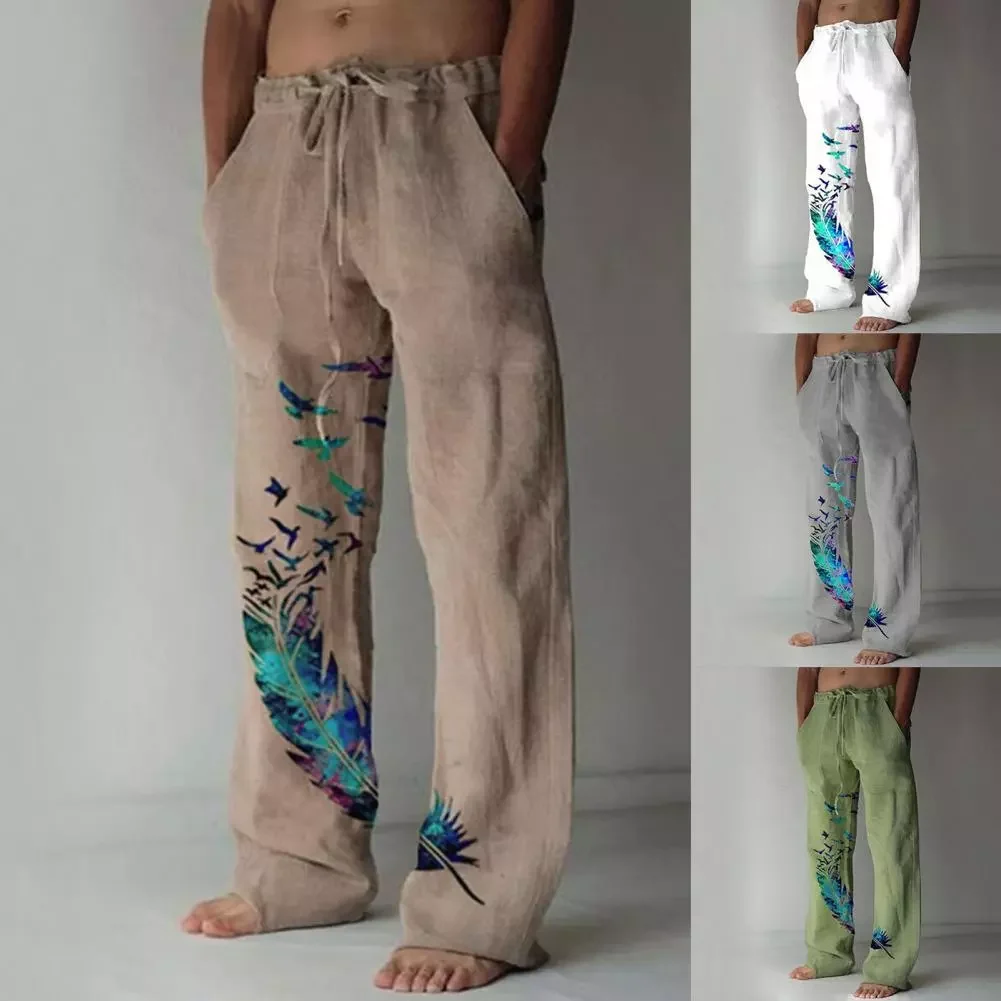 

Брюки мужские с принтом перьев, повседневные винтажные свободные штаны со средней талией, с длинными карманами, с винтажным принтом, 2022