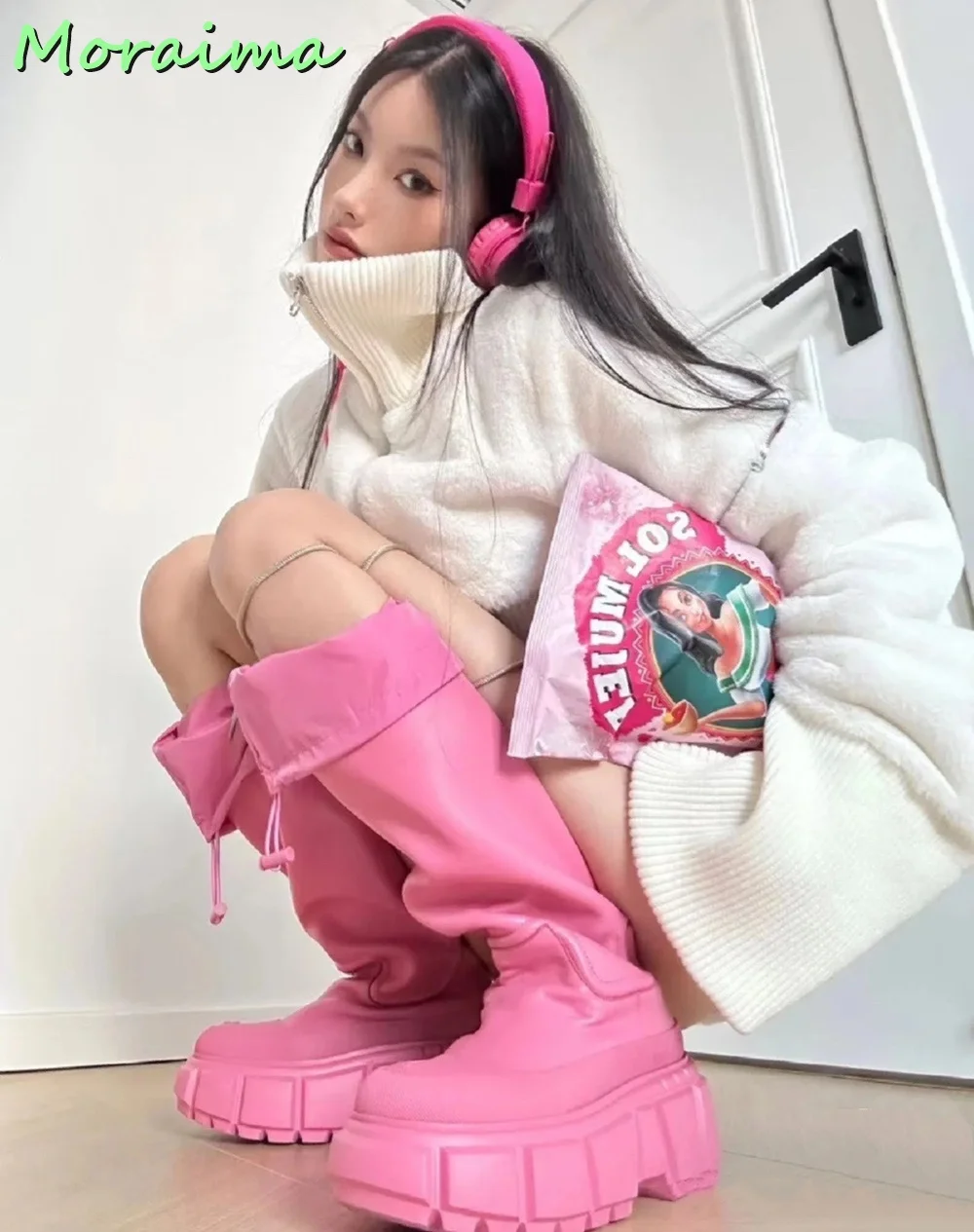 Round Toe Thick Bottom Women Long Rain Boots Knee High Slip On Pink Solid Fashion New Arrivals Hot Selling Autumn Winter Casual
