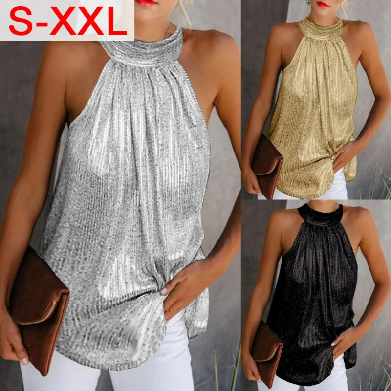 

T-shirt for Women 2023 Fashion Double Silver Hanging Neck Women T Shirt Zipper Sleeveless T-shirt Casual Top