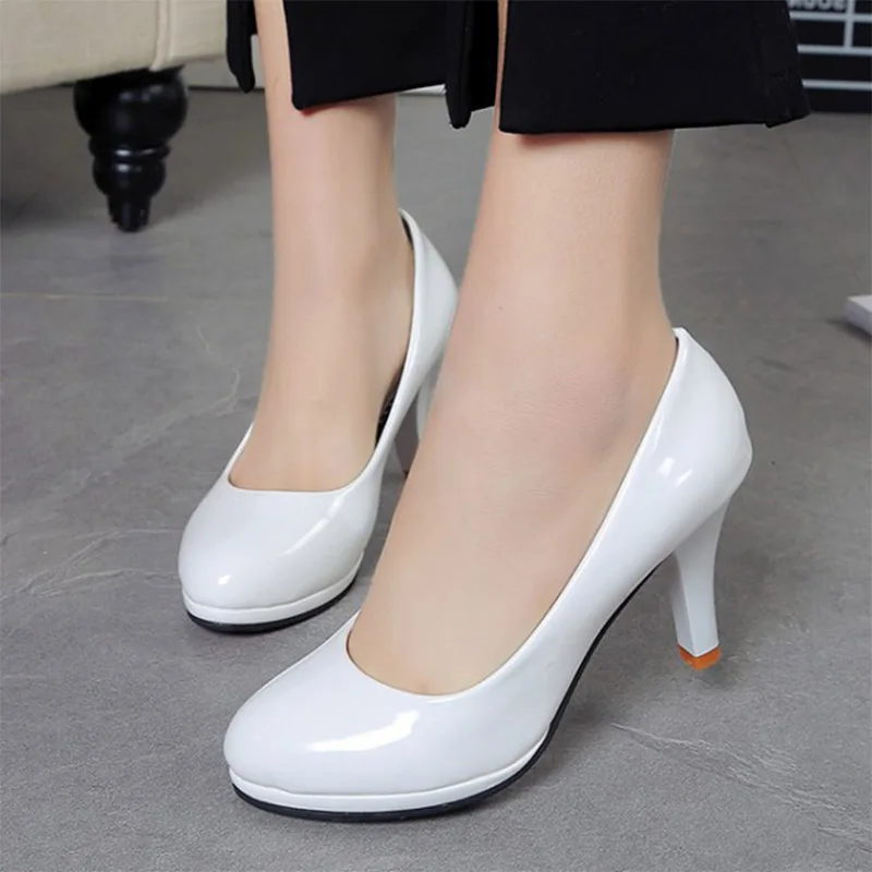 

Plus Size Ol Office Lady Shoes High Heels Patent Leather Dress Shoes Basic Pumps White Wedding Shoes zapatos mujer Ladies Shoes