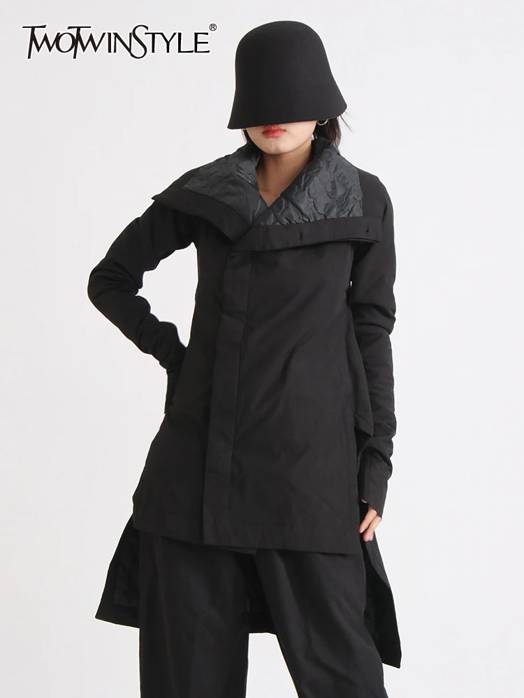 

TWOTWINSTYLE Solid Casual Parkas For Women Turtleneck Long Sleeve Warm Thick Patchwork Pockets Winter Cotton Coat Female Clothes