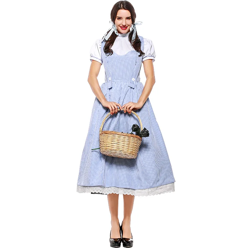 

Womens Dorothy Cosplay Costume Movie The Wizard of OZ Blue Gingham Dress maid Costume Halloween Carnival party Princess Dresses