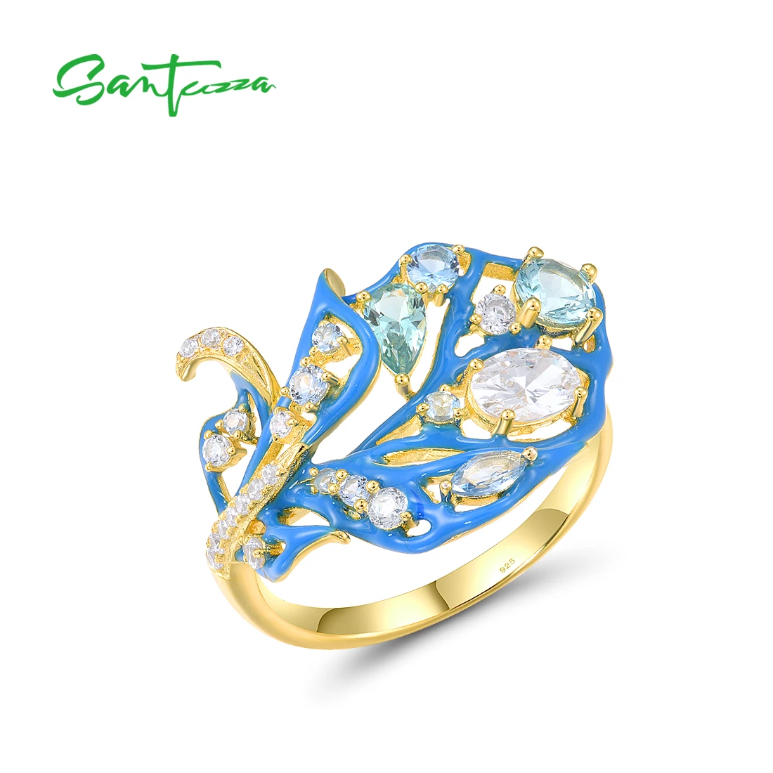 SANTUZZA Real 925 Sterling Silver Leaf Ring For Women Sparkling White CZ Green/Blue Spinel Wedding Fine Fashion Enamel Jewelry