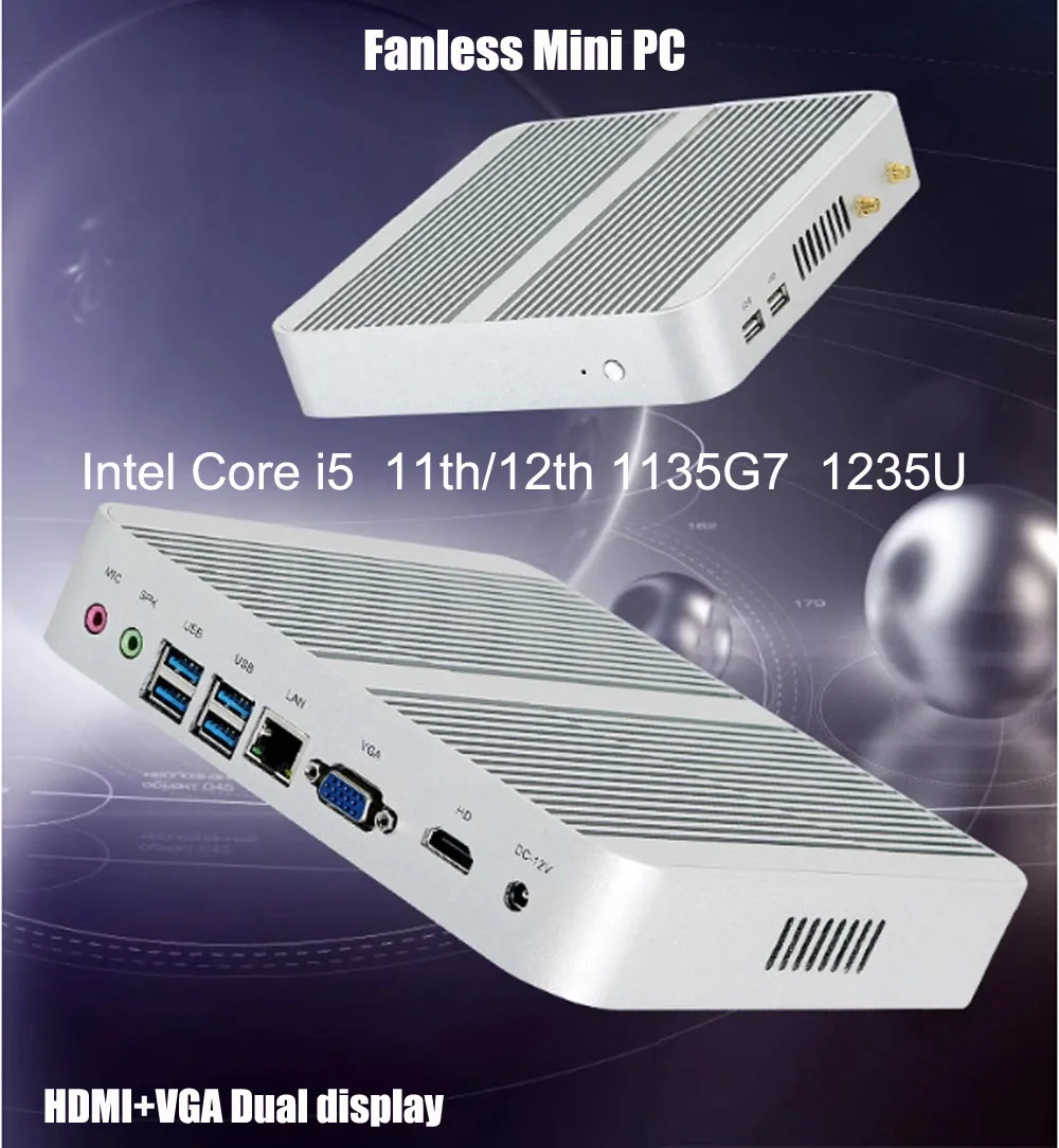 Мини-ПК без вентилятора, Intel i5 1135G7 1235U, HDMI, VGA, два дисплея Мини-ПК без вентилятора, Intel i5 1135G7 1235U, HDMI, VGA, два дисплея