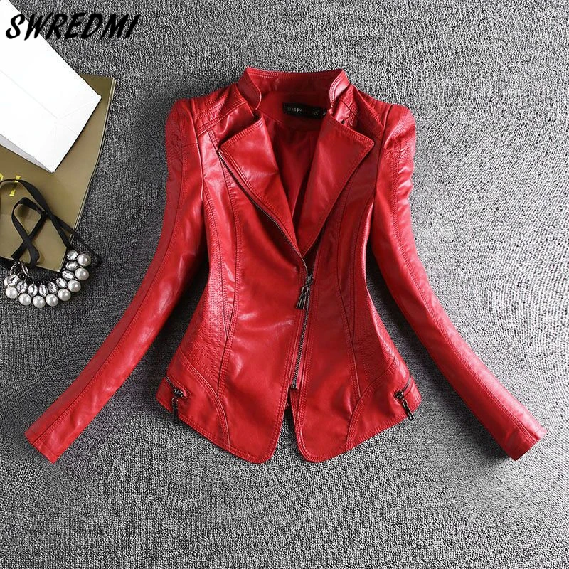 

Spring Jackets Women Mandarin Collar Slim Fashion Faux Leather High Quality Female S-4X Motorcycle Coat Red SWREDMI