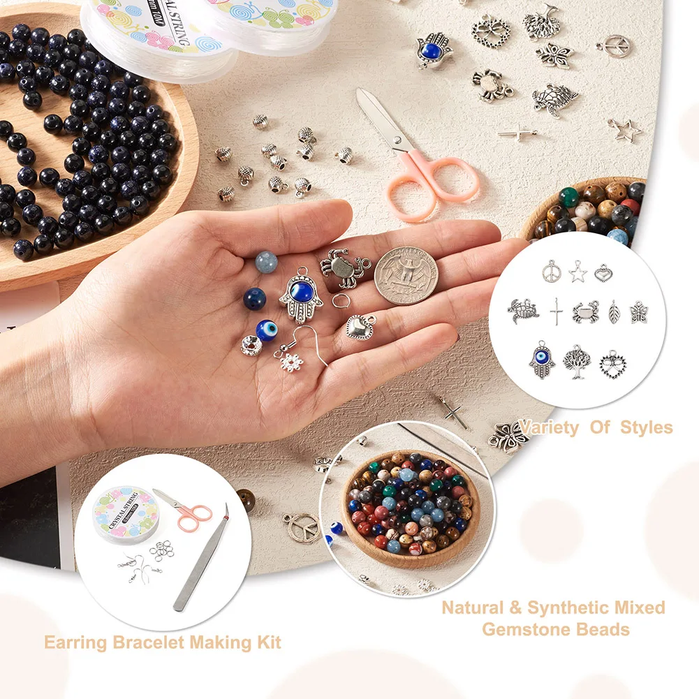 1 Set DIY Evil Eye Charms Beads Earring Bracelet Making Kit Natural & Synthetic Mix Gemstone Bead Lampwork Pendant Earring Hook