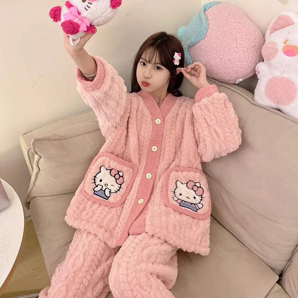 

Kawaii Sanrio Hello Kitty My Melody Kuromi Women's Pajamas Anime Flannel Thickened Long Sleeve Nightwear Autumn Winter Homewear