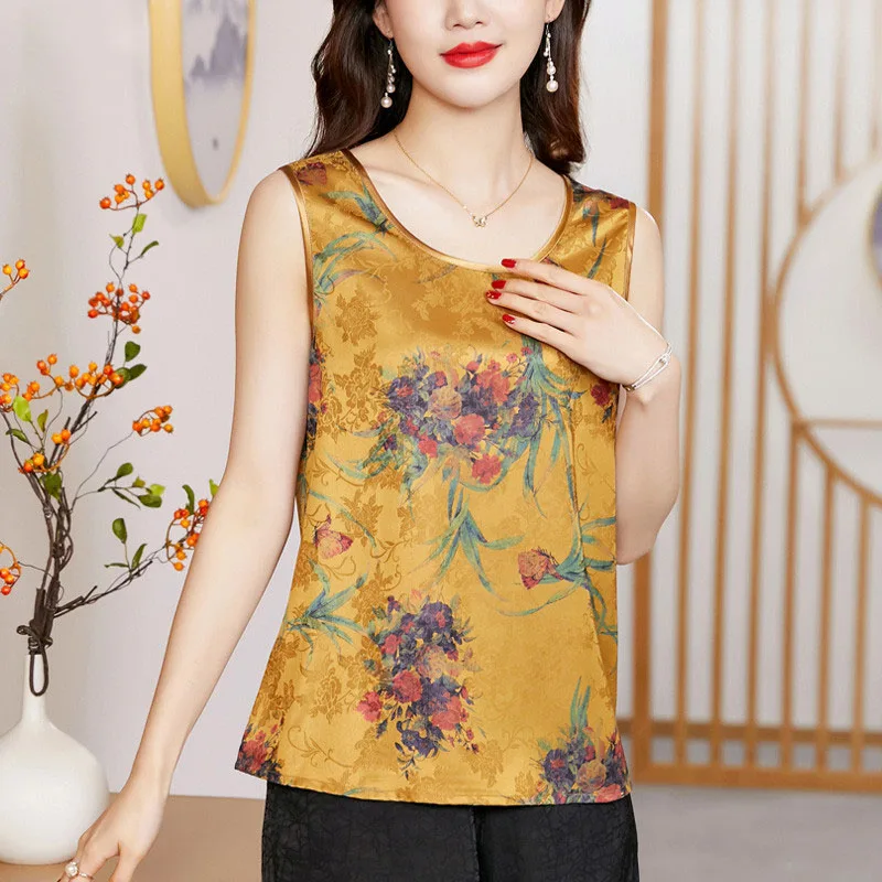 Vintage Printed O-Neck All-match Sleeveless Blouse Women's Clothing 2023 Spring New Oversized Casual Pullovers Commute Shirt