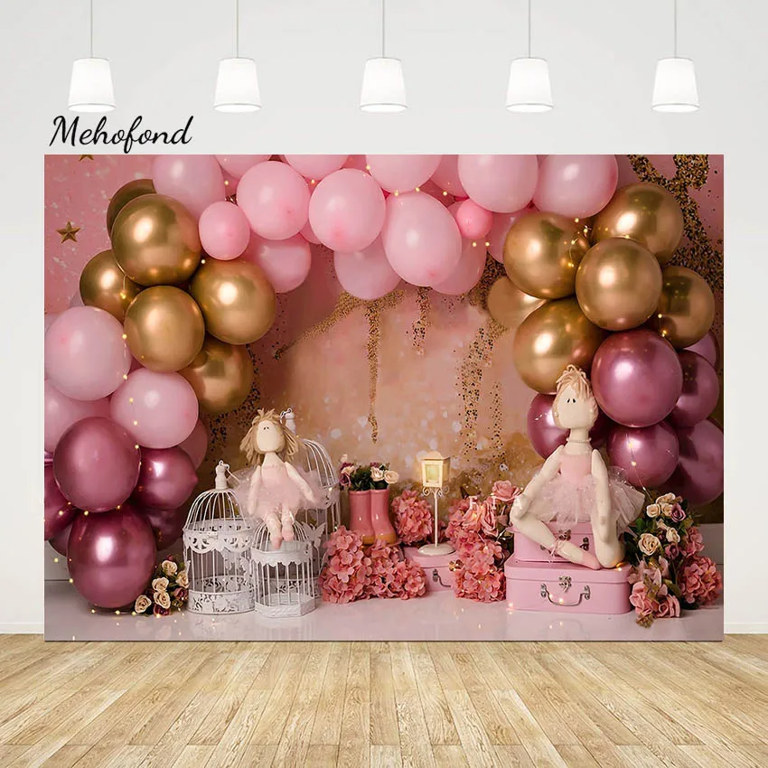 

Фон для фотосъемки Mehofond для девочек, детей, портрет на день рождения, Розовый Золотой воздушный шар, цветочный фон, торт, смешной декор, фото Sudio