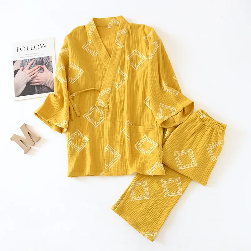 Cotton Pajamas Two Piece Set for Women and Men Printing Loungewear Kimono Robe Lace Up Loose Cardigan Trousers Steam Pajama Sets