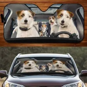 

Fun Russell Terrier Family Driving Dad Mom Kids Dog Car Sunshade, Car Windshield Sunshade for UV Sun Protection, Window Shade