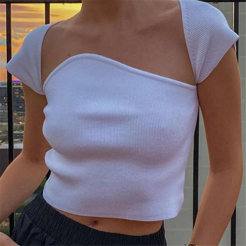 

Summer Women Casual Solid Color Crop Tops Classic Simple Hottie Kawaii Short Sleeve Slim Fit Irregular T-Shirt Female Clothes