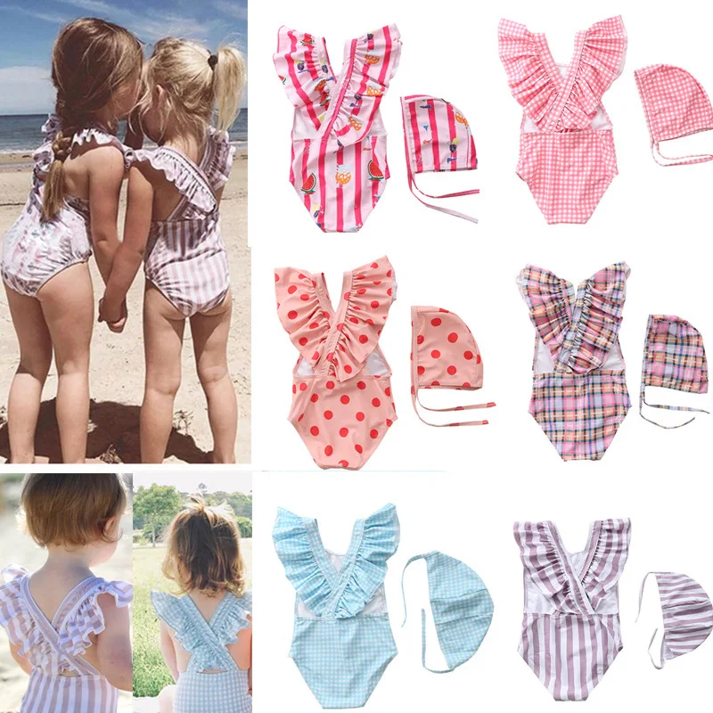 

Children Swimsuit Girls Baby Striped Jumpsuit Kids One-piece Fruit Printed Plaid Girl Cute Swimwear Summer costume mare bambina