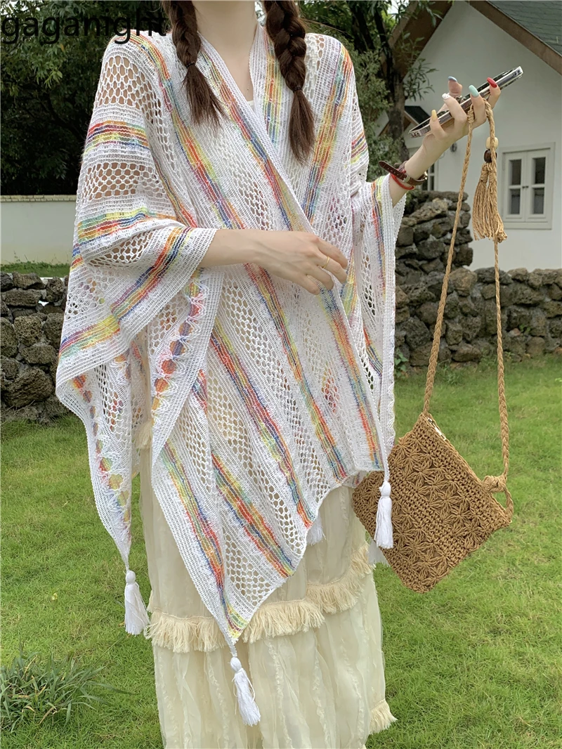 Gaganight женский вязаный кардиган в радужную контрастную полоску с кисточками